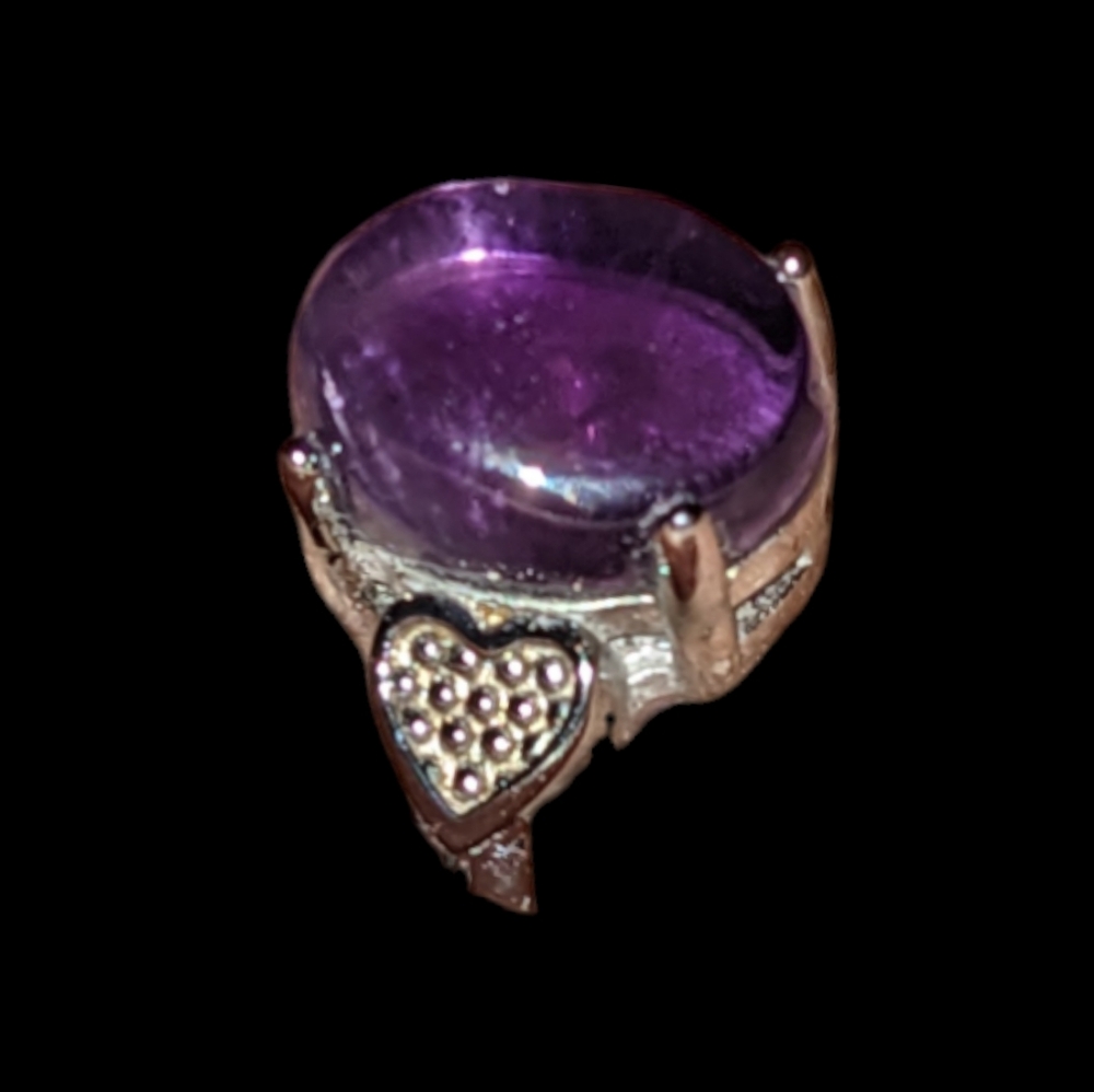 ❤️ Amethyst Cabochon Silver Hearts Ring - Adjustable Size